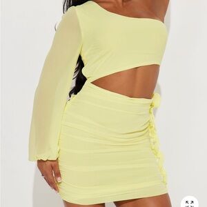 One-Shoulder Cutout Two-Piece Dress in Lemon Yellow